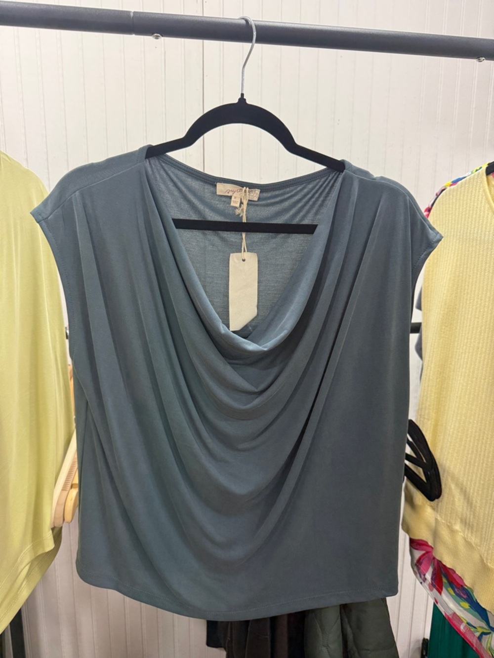 NWT Cowl Neck Draped Blouse Slate Blue Soft Stretch Top Women’s Medium
